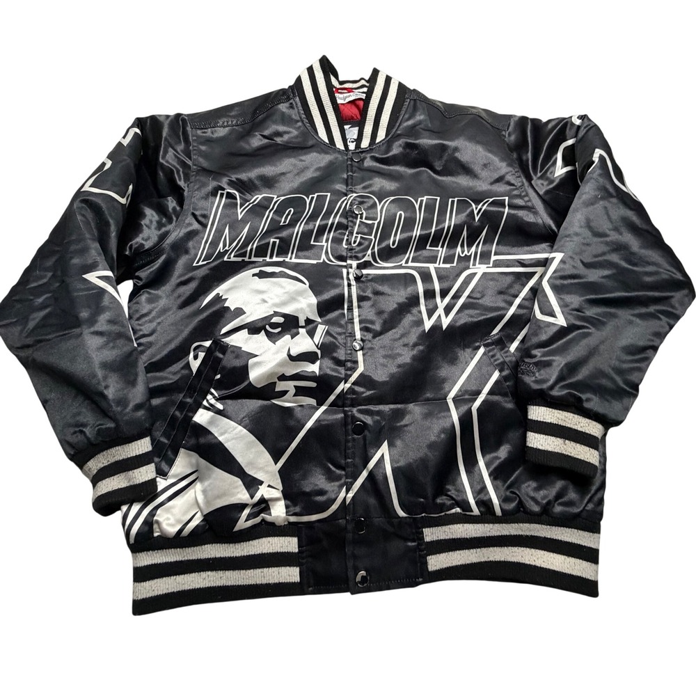 Headgear Classics Malcolm X Satin Varsity Jacket Black White Mens XL